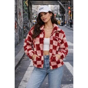 Beach Riot Pink Check Sherpa Jacket XS Teddy Faux Fur Cozy Zip Up Coat New